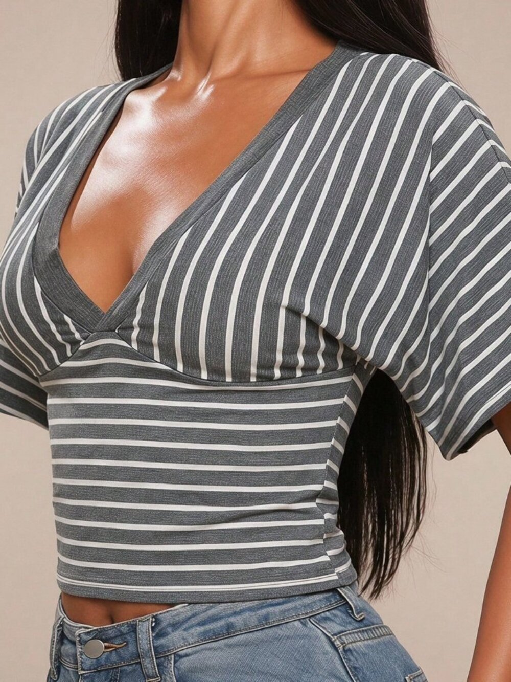 Grey Casual Women's Sexy Stripe Deep V-Neck Cropped Batwing Sleeve T-Shirt